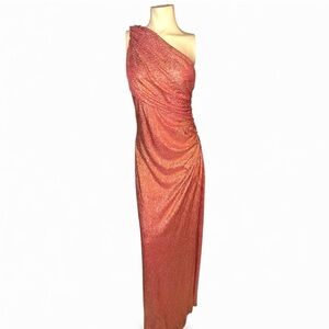 Betsy & Adam One Shoulder Metallic Ruched
Gown Dress Red Orange Gold Size 6